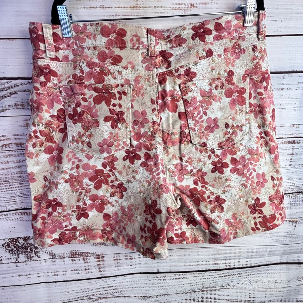 Vintage Floral Denim Shorts 16 Red Pink Cotton Stretch Jorts Cottage Feminine - Picture 11 of 11